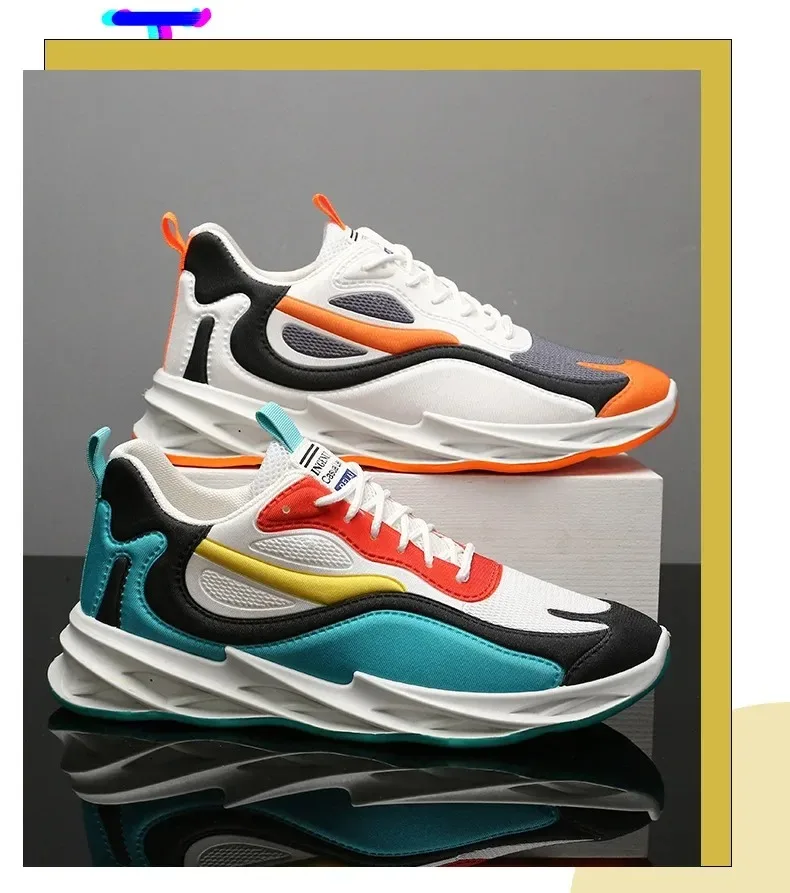 Close-up of men’s thick-soled fabric sneakers in motion, highlighting breathable texture and sporty Korean-inspired design multicolor