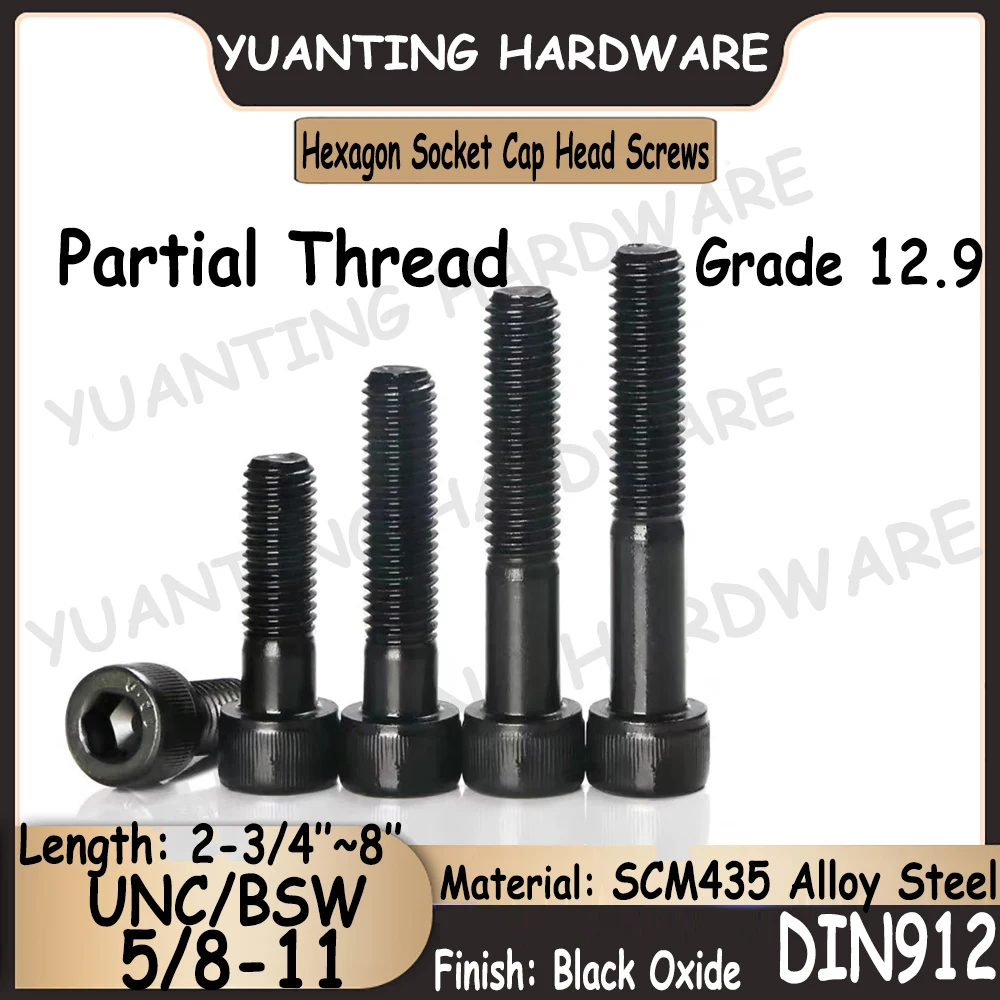 

1-2Pcs UNC 5/8-11 DIN912 Grade 12.9 Alloy Steel Black Hexagon Socket Knurled Cap Head Screws Cap Head Bolt with Partial Thread