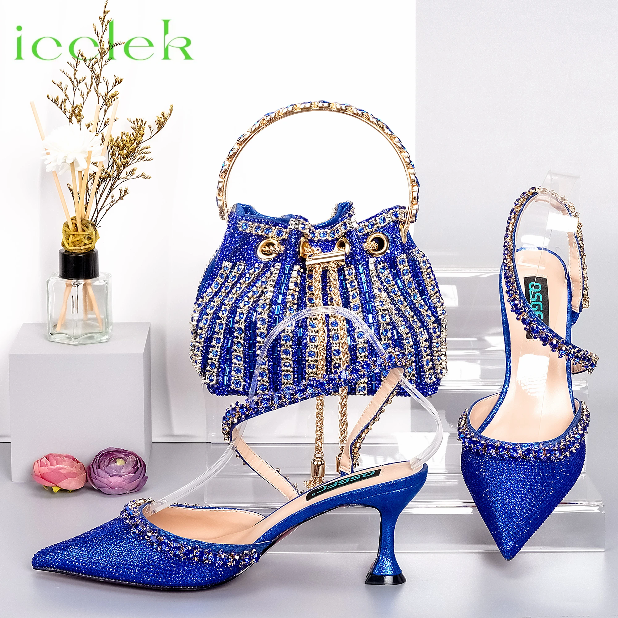 

Metal Chain Full Diamond Handbag Fashion Exquisite Royal Blue Chain Pointed Toe High Heels Party Style