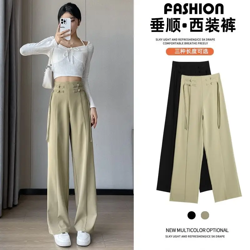 new chinese improved trousers oriental pan button suit pants for women high waist relaxed lady daily straight leg pants