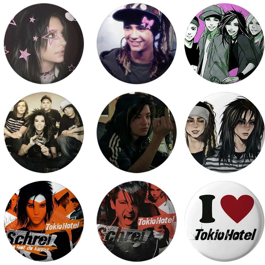 Enamel pins metal brooch metal pins lapel pins fashion brooches medal badge 58mm Retro Rock Band Tokio Hotel Bill Kaulitz Pink Button Pin Gothic Rock Brooch Badge Backpack Decor Fans Collect Party Gifts