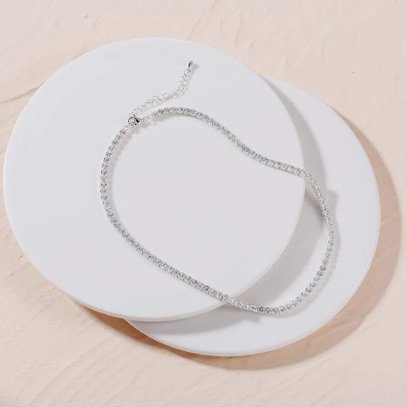 Stainless Steel Tennis Chain Rhinestone Neckalce for Women 14k Gold Plated Sparkling Zircon Clavicle Choker Dainty Jewelry Gifts