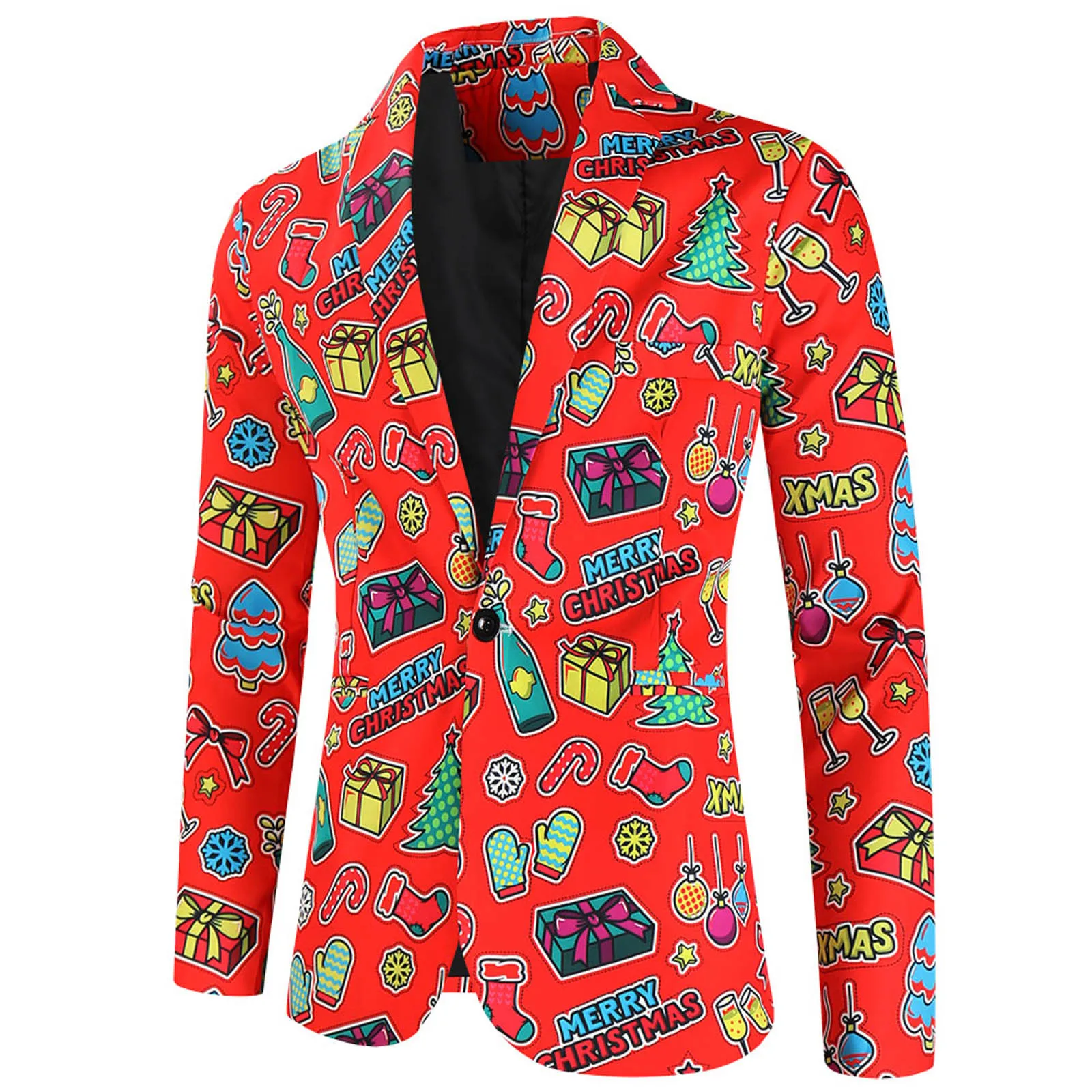 thumbnail image 1 of Moda para hombre ocio Navidad impreso bolsillo botones manga larga cuello en V traje grandes trajes masculinos ocio ocio traje abrigo, 1 of 5