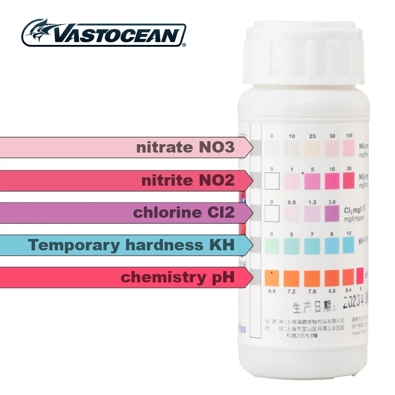 VASTOCEAN saltwater aquarium 5-in-1 test paper NO3 NO2 CL2 KH PH water quality monitoring stick nitrite aquarium test strips