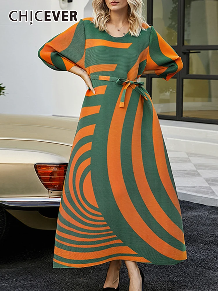 

CHICEVER Colorblock Draped Dresses For Women Round Neck Long Sleeve High Waist Patchwork Lace Up Casual Maxi Dress Female Spring