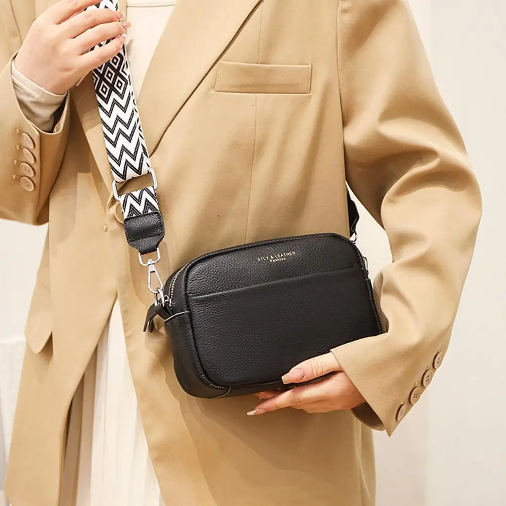 

Fashion Cow Leather Women Crossbody Shoulder Bags Small Crossbody Purse Ladies Wide Strap Shoulder Handbag Female Messenger Bag