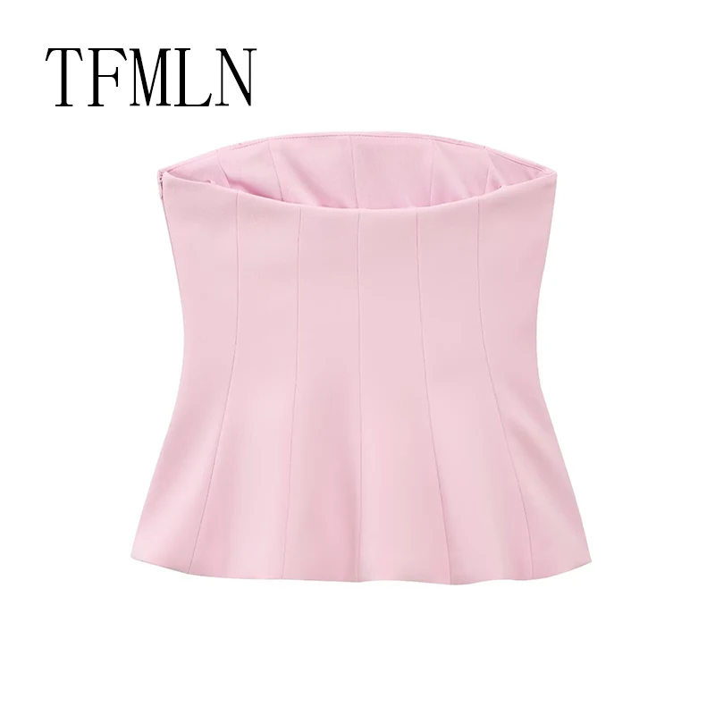 TFMLN New Summer Women Strapless Top 2025 Female Casual Sexy Slim Fitting Side Zipper Solid Short Top