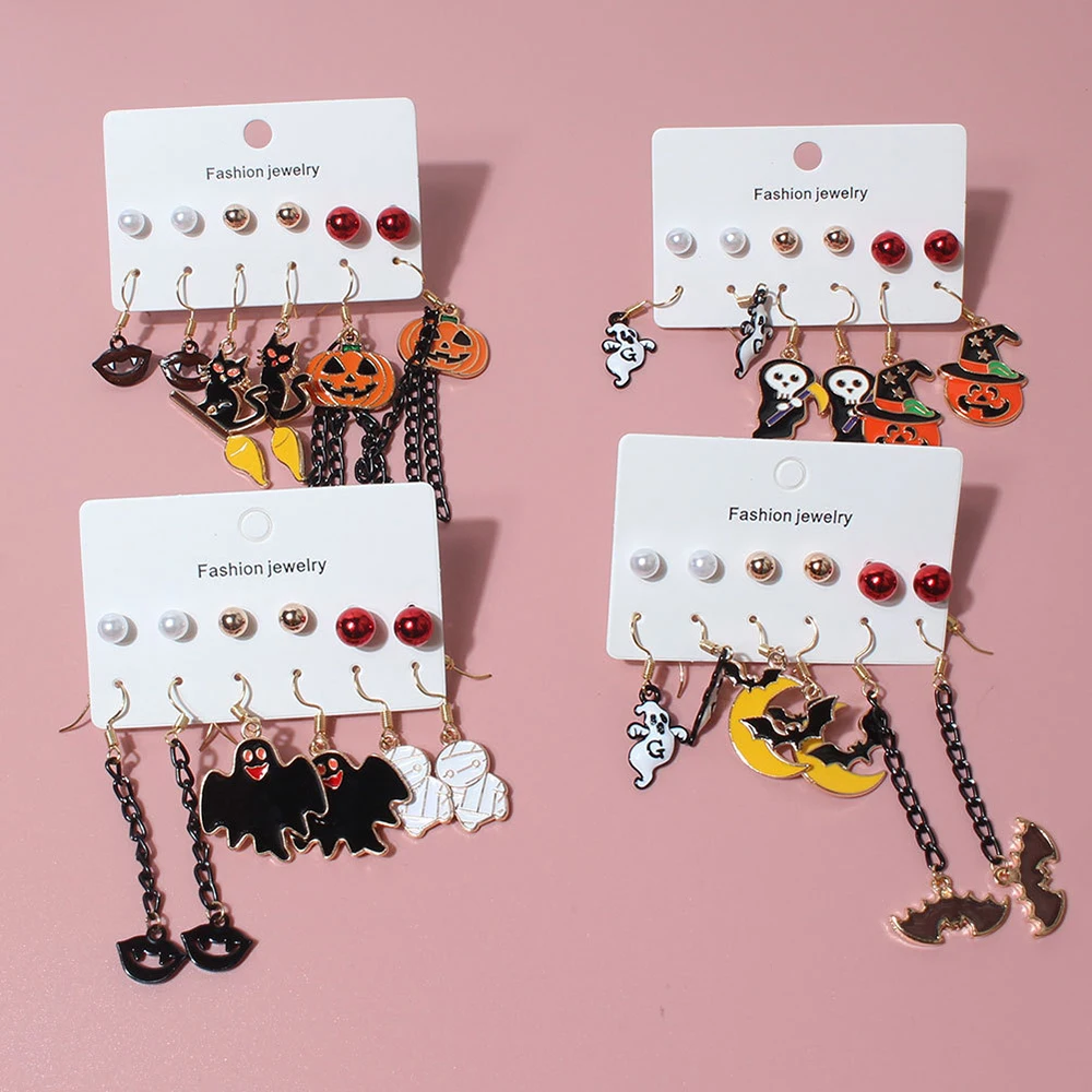 Halloween Alloy Pumpkin Stud Earring Sets for Women Ghost Drop Hook Earring Cat Piercing Earring
