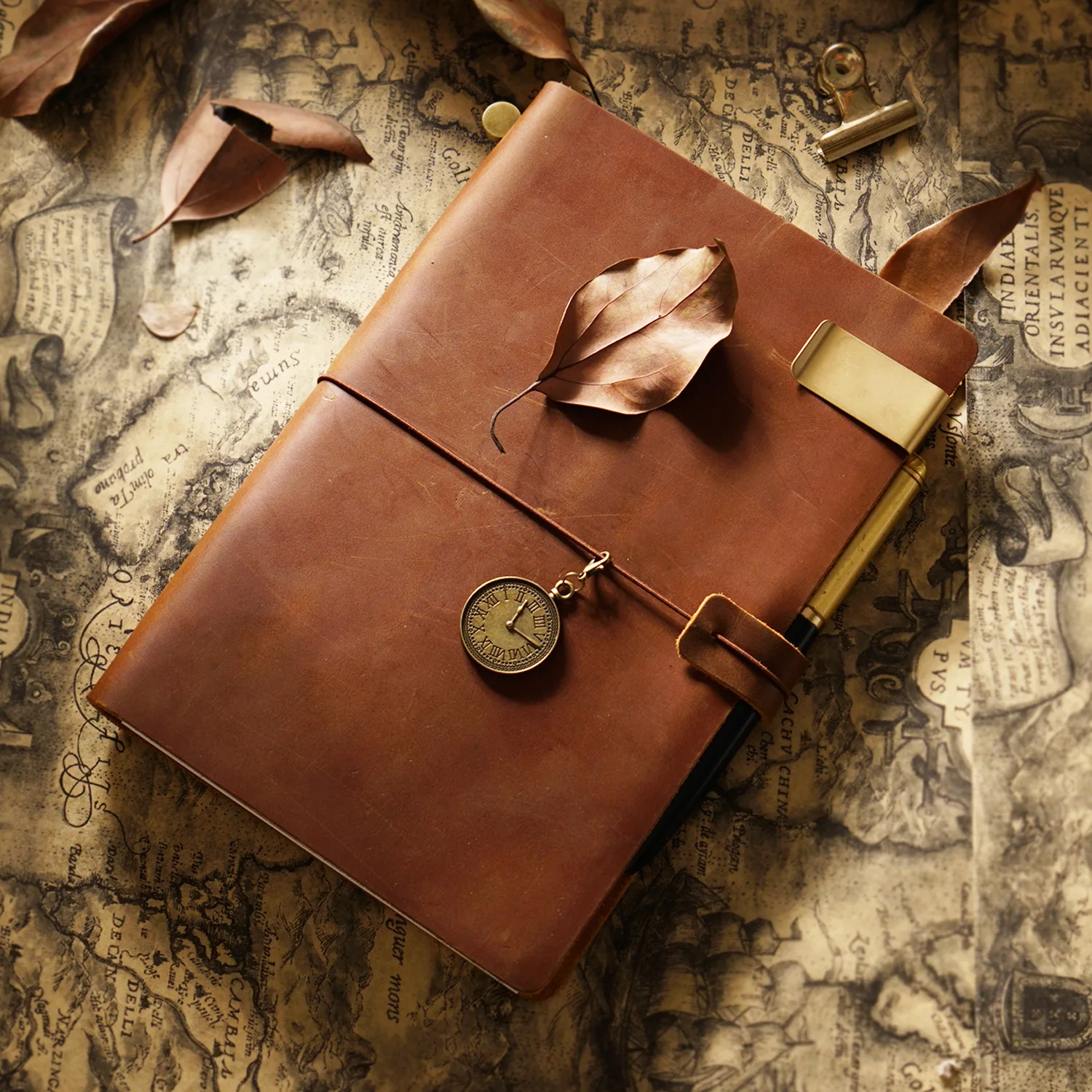 Vintage Refillable Crazy Horse Leather Travel Journal with Antique Metal Charms and Elastic Closure