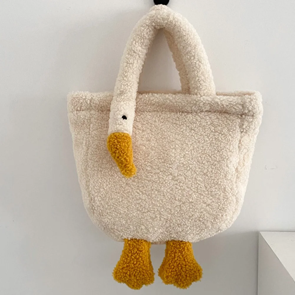 Plush Female Tote Bags Casual Cartoon Goose Top-handle Bag Fashion Cute Portable Adjustable Strap Simple Warm for Shopping Party