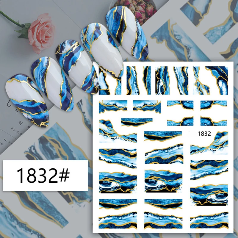 

3D Abstract Geometric Blooming Ink Blue Marble Design Self-adhesive Nails Stickers For Nails Sticker Decorations Manicure Z0616
