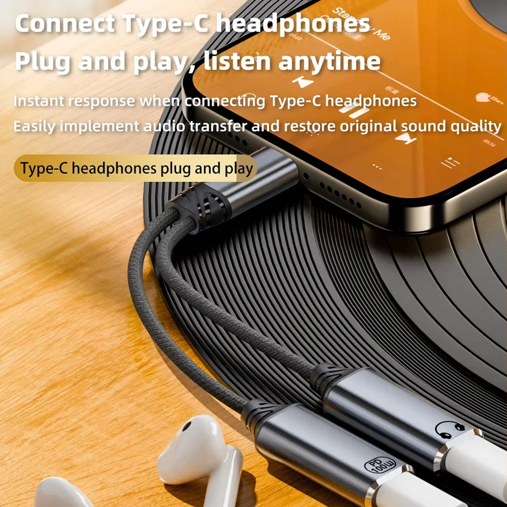 100W PD Fast Charger Cable 2 in 1 USB C Splitter Type USB C Headphones Jack Audio Adapter For Samsung iPhone 16 15 Huawei Xiaomi