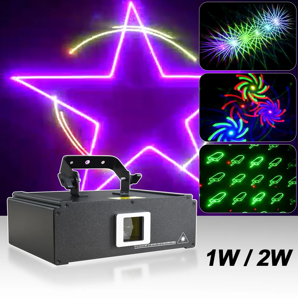Full Color 3D Effect 1W 2W Rgb Laser Scanner Lights Dj Party Bar Laser Disco Projector Illuminazione Scenica Con 10 Effetti Di Animazione