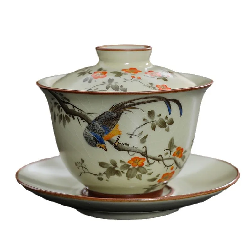 Handmade Ceramic Gaiwan Chinese Teacup Hand-painted Flowers Sancai Tea Tureen Travel Tea Bowl Porcelain Teaware Set Accessories tea set
