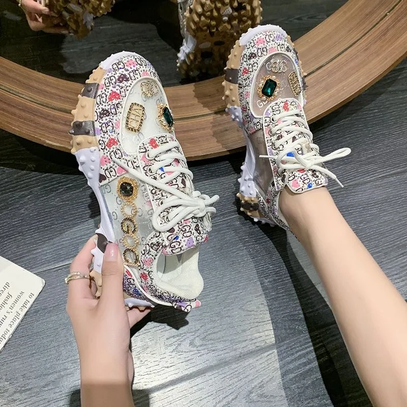 New Women Summer Autumn Sneakers with full Rhinestone Fashion 35-40 Platform Sport Shoes Sapatillas de mujer Tenis White 6982