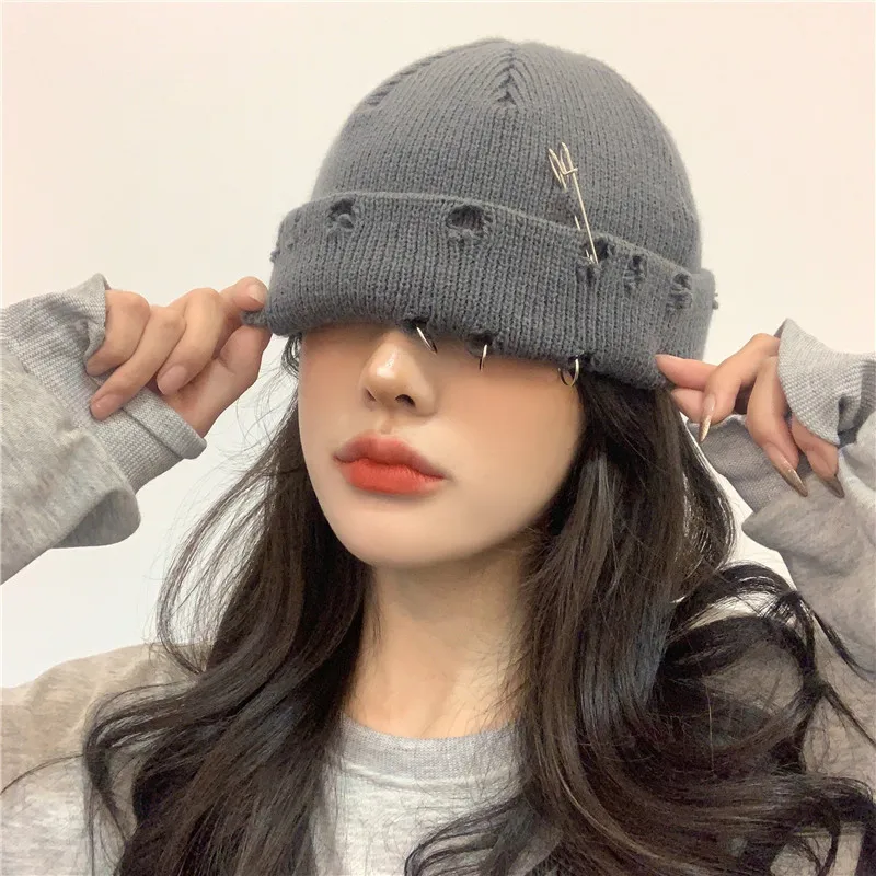 

Winter Harajuku Y2k Beanies Knitted Hat Women Fashion Warm Thick Men Hip Hop Pin Hole Skullcap Short Hat Unisex Basic Cap