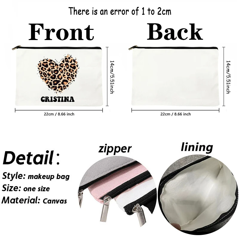 Heart Leopard Pattern Name Customization White Makeup Bag Canvas Wash Bag Organizer Fashion Travel Lipstick Storage Bags Wallet 6