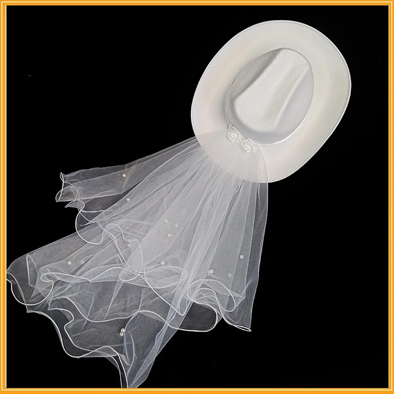 Women Bride Cowgirl Hat Wide Brim Bridal Western Style Shinning White Fedora Hat for Wedding Party Photoshoot Supplies