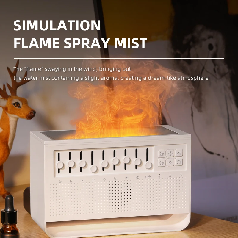 Multifunction 3D Simulation Flame Fragrance Air Humidifier White Noise Sleep Music Speakers Essential Oil Flame Aroma Diffuser