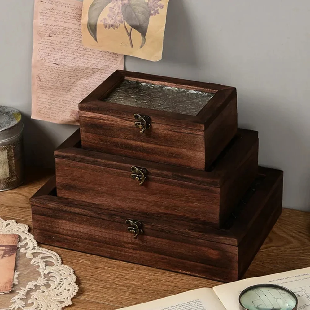 

1x Haitang Flower Glass Storage Box Vintage Solid Wood Storage Cabinet Desktop Sort Flip Wooden-BOX Makeup Table Decoration//