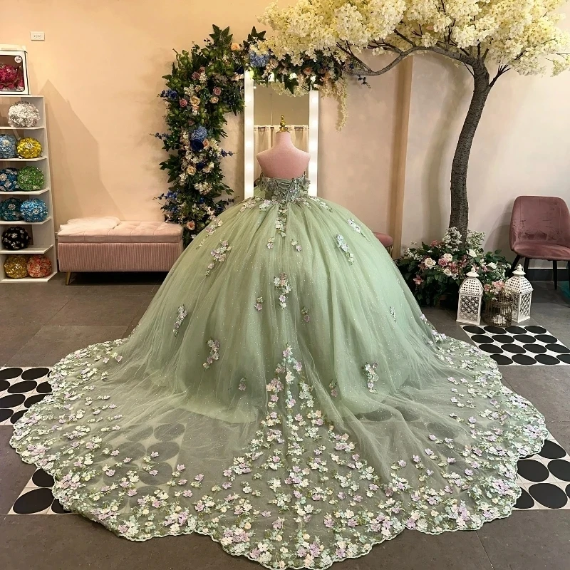 ANGELSBRIDEP Glittering Sage Green Quinceanera Dresses Flower Lace Appliques Straps Vestidos De 15 Anos Birthday Party Prom