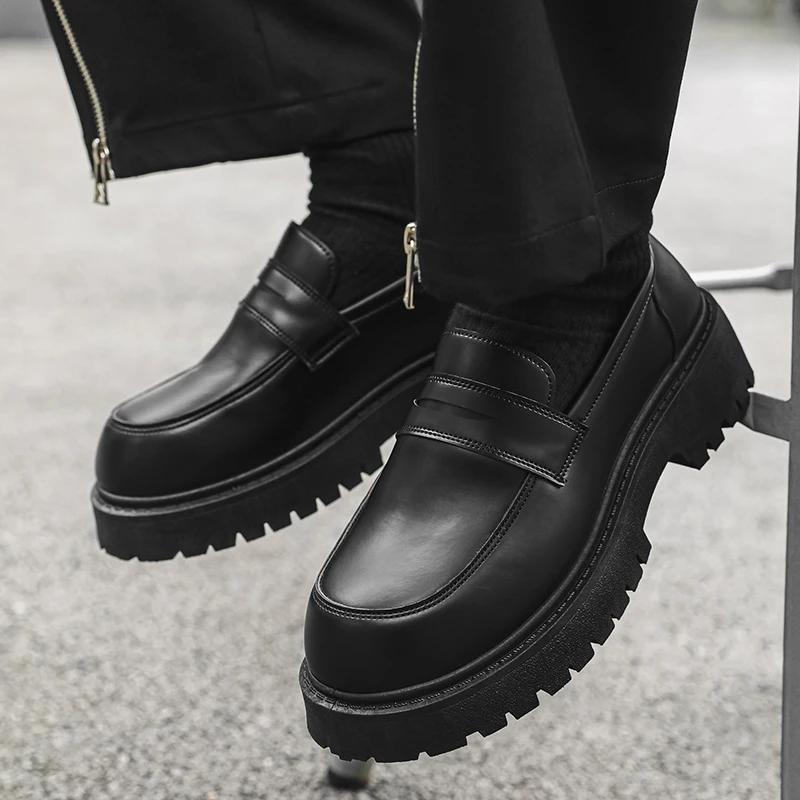 STRONGSHEN Loafers Men Leather Shoes Thick-soled British Style