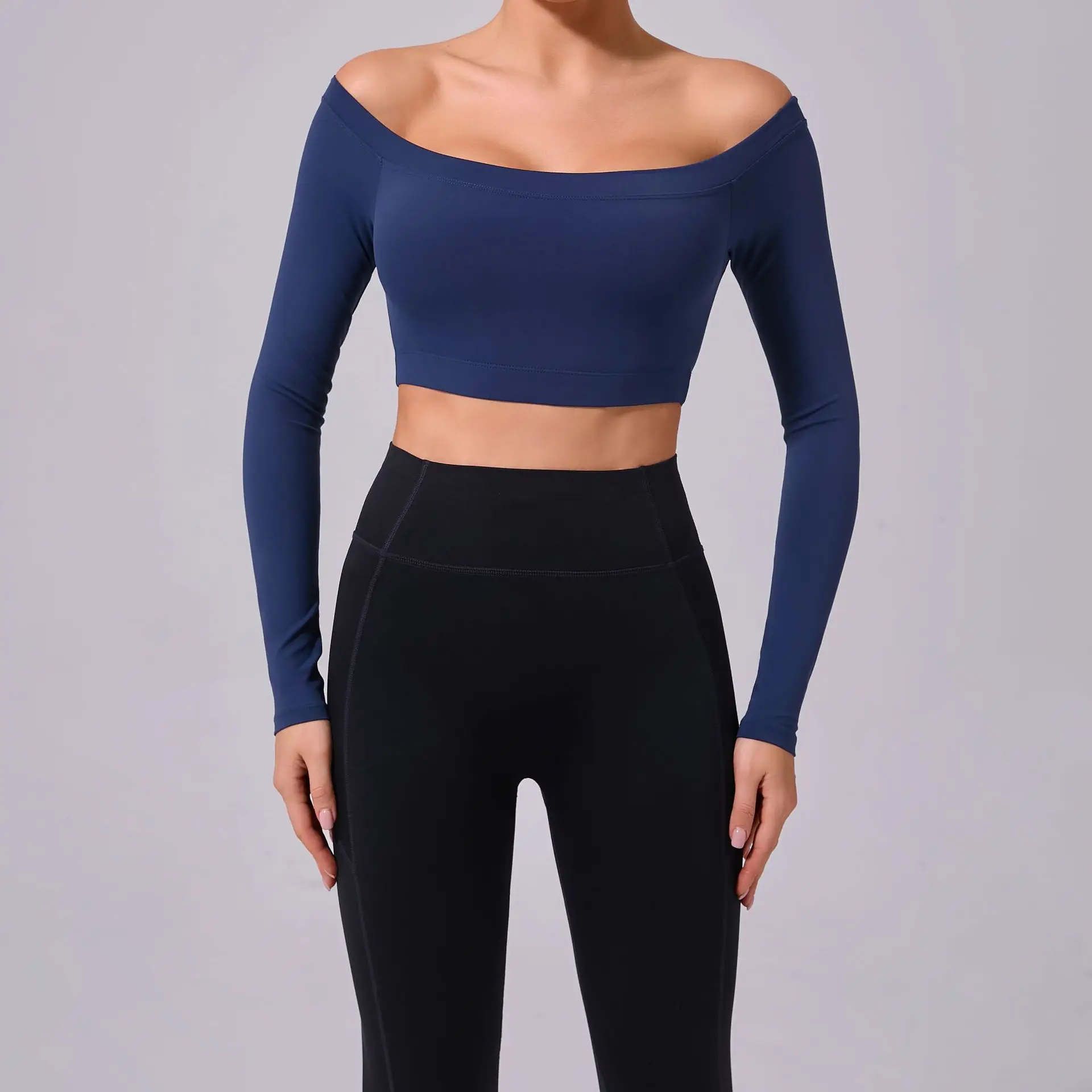 Top sportivo solido da donna T-shirt da yoga con spalle scoperte Manica lunga Allenamento da palestra Camicie da corsa Donne sexy Abbigliamento sportivo da palestra ad asciugatura rapida - immagine 2