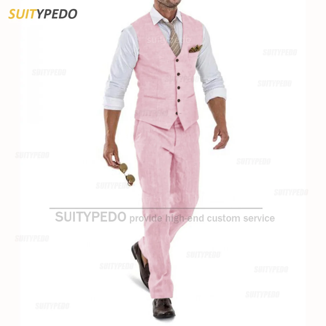 Linen Suit for Men Casual Slim Fit Ivory Suit Vest Pants Set 2 Pieces New Business Summer Prom Wedding Tuxedos for Men Groomsmen 4