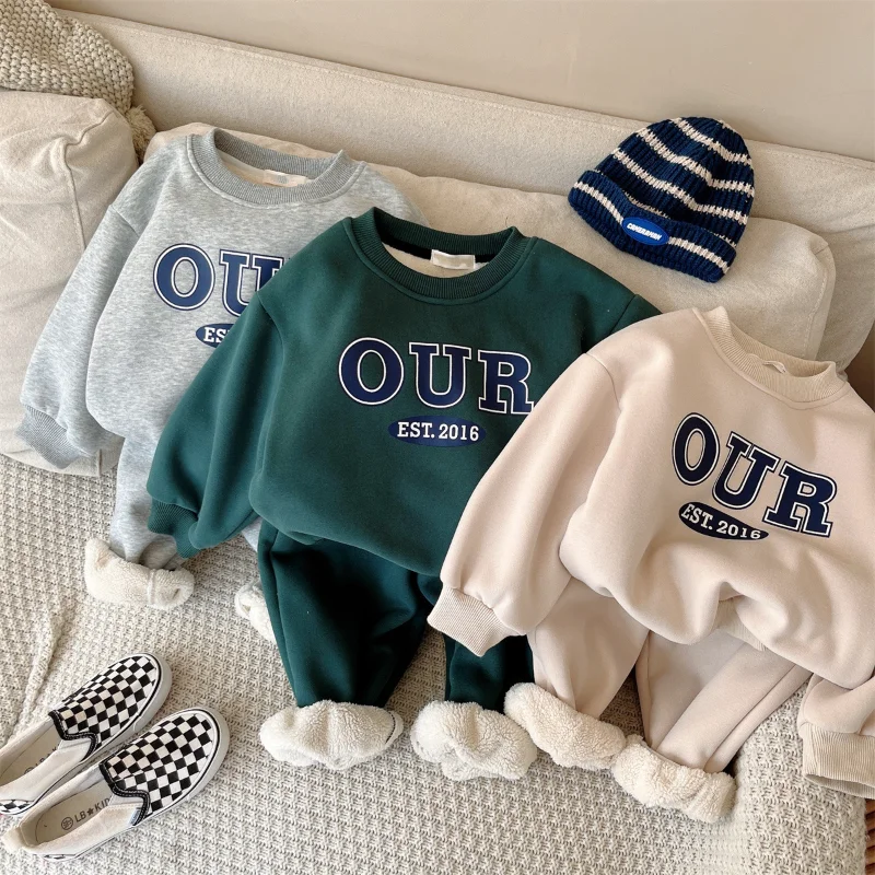 

Autumn&Winter Children Fleece Clothing Letter Sweater Long Sleeve Pants 2pcs Warm and Thickened Kids Clothing Korean Unisex