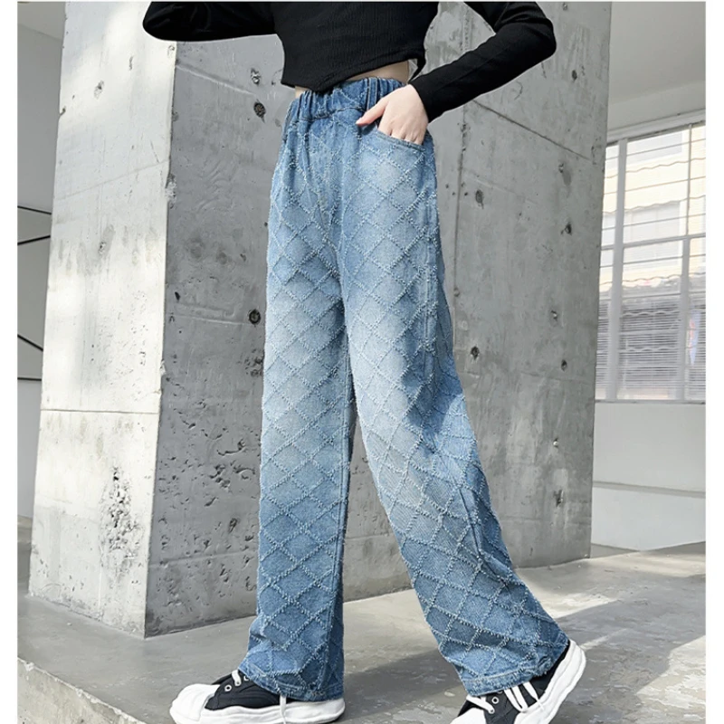 

Kid Clothes for Teens Spring New Fashion Streetwear Jeans Casual Trousers for Girls Diamond Jacquard Design Wide Leg Pants 4-14Y