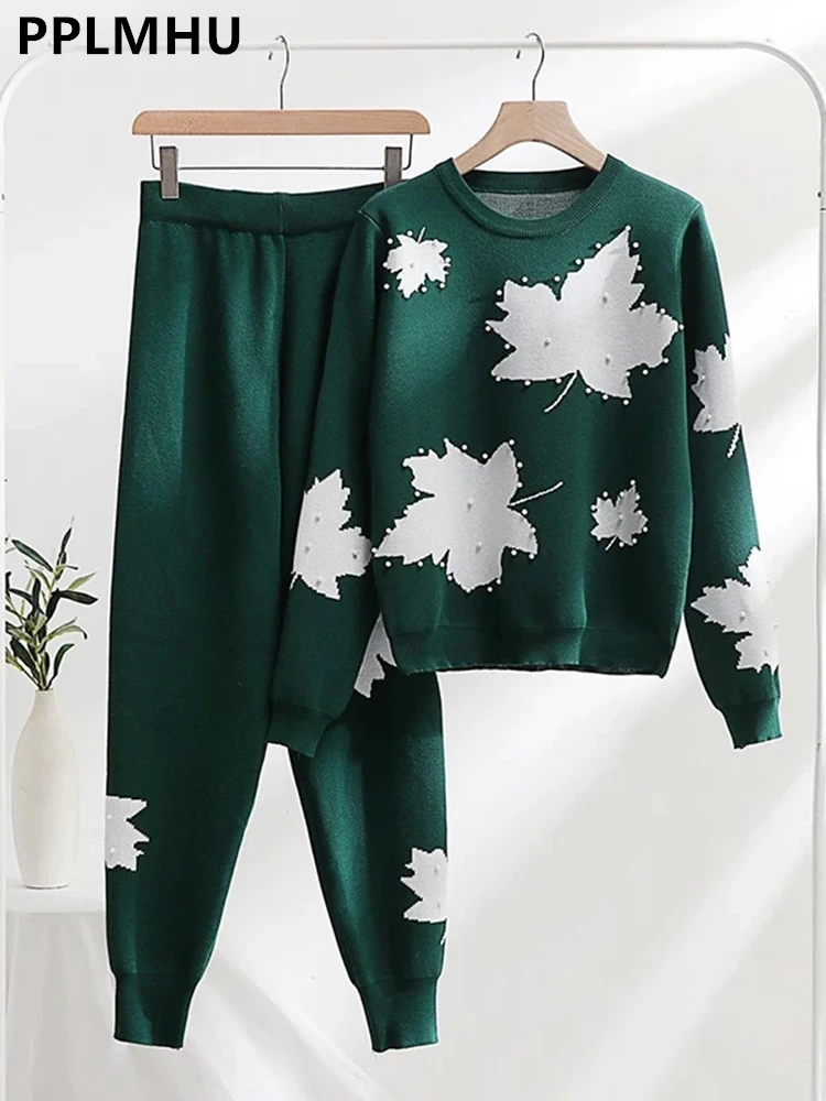 

Beading Sweater Pullover 2 Piece Sets Women Maple Leaf Print Knitwear Jumper Suits High Waist Knit Harem Jogger Pants Conjunto
