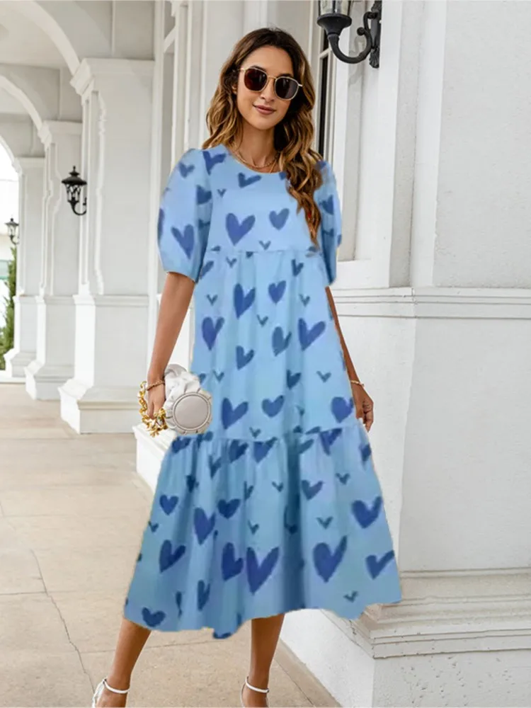 2025 Summer New Women's Print Dress Puff Short Sleeves Ruffles Loose A-line Midi Dresses Fashion Casual Beach Vacation Vestidos