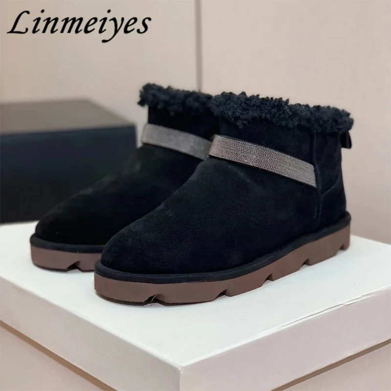 

Winter Fur Snow Boots Woman Round Toe Slip-on Flat Short Boots Ladies Cow Suede String Bead Wool Warm Ankle Boots Women