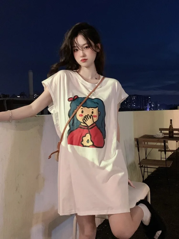 

Korean style Cartoon Printed Vest Dress Spring Women Midi Length Loose Solid Lazy Dresses Straight Casual T-shirt Dress