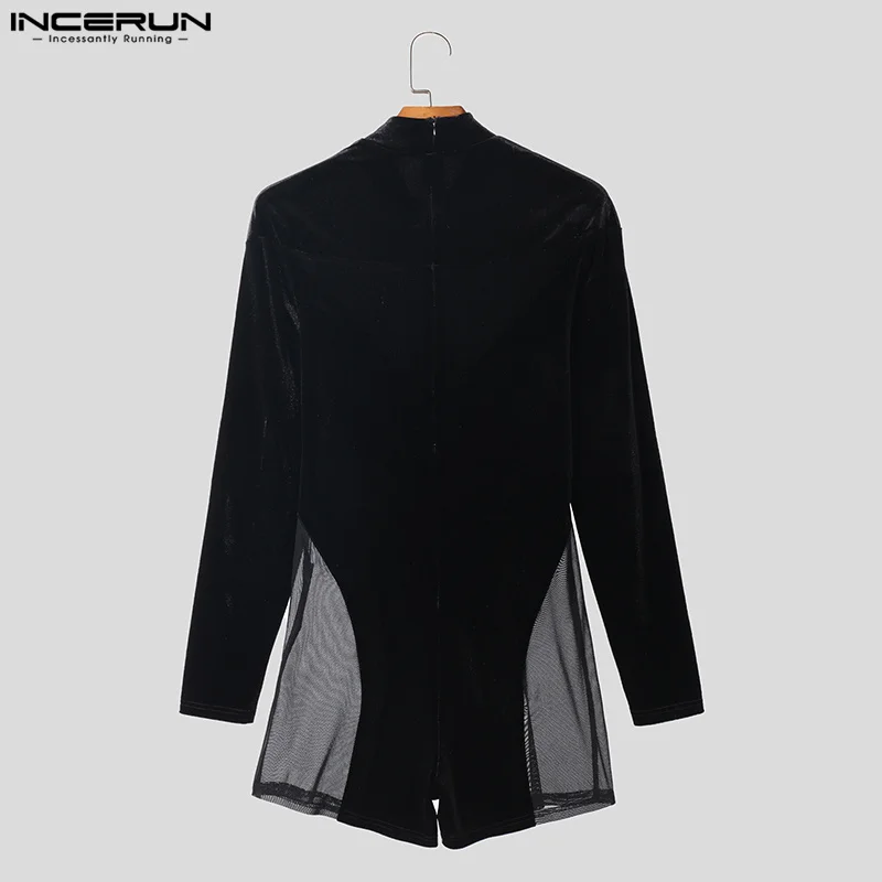 INCERUN 2024 Sexy Style Homewear Mens Suede Mesh Splicing Design Bodysuits Handsome Male Flat Angle Long Sleeved Jumpsuits S-3XL