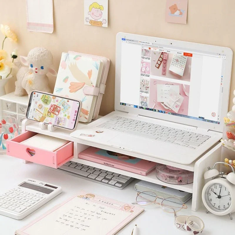 

Pink Laptop Stand Storage Rack Tabletop Display Screen Height Adjuster Cute Office Drawer Type Storage Box Desk Organizer