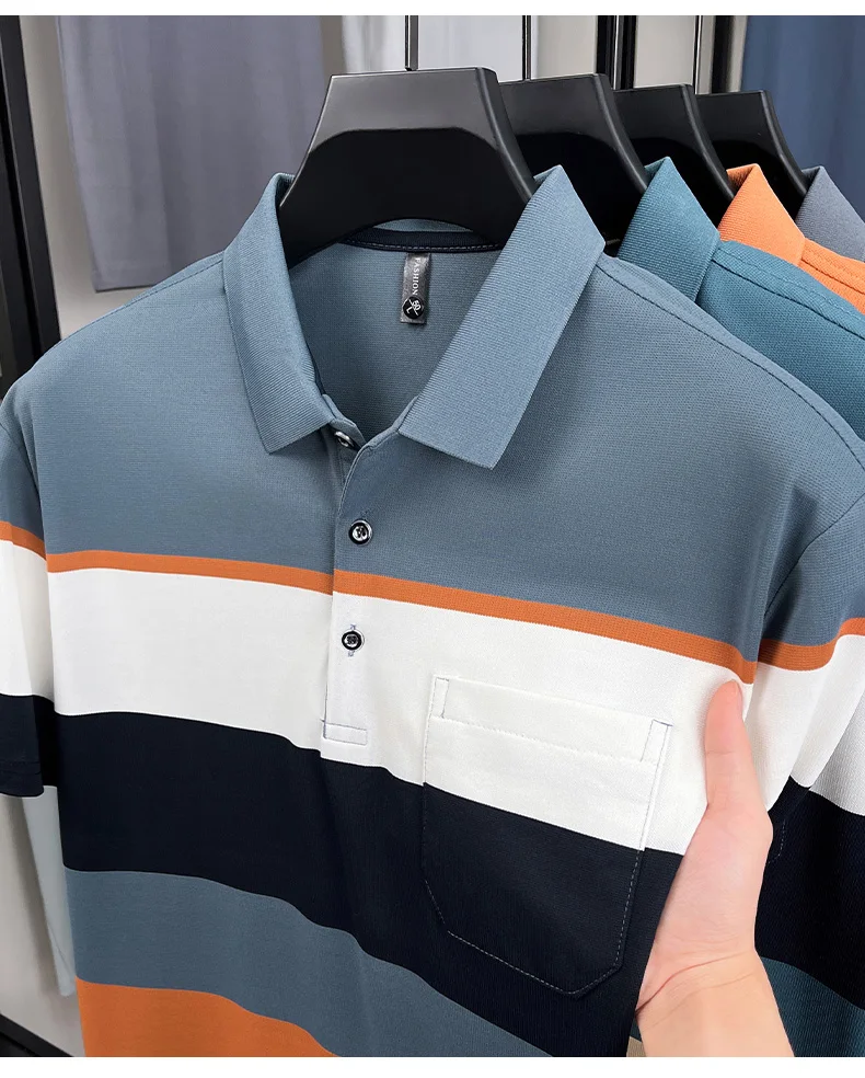 Fashion luxury striped short sleeve polo shirt summer new trend pocket design comfortable breathable Korean casual golf T-shirt 14 S7287cad779914281a46afc98bde4b41fr