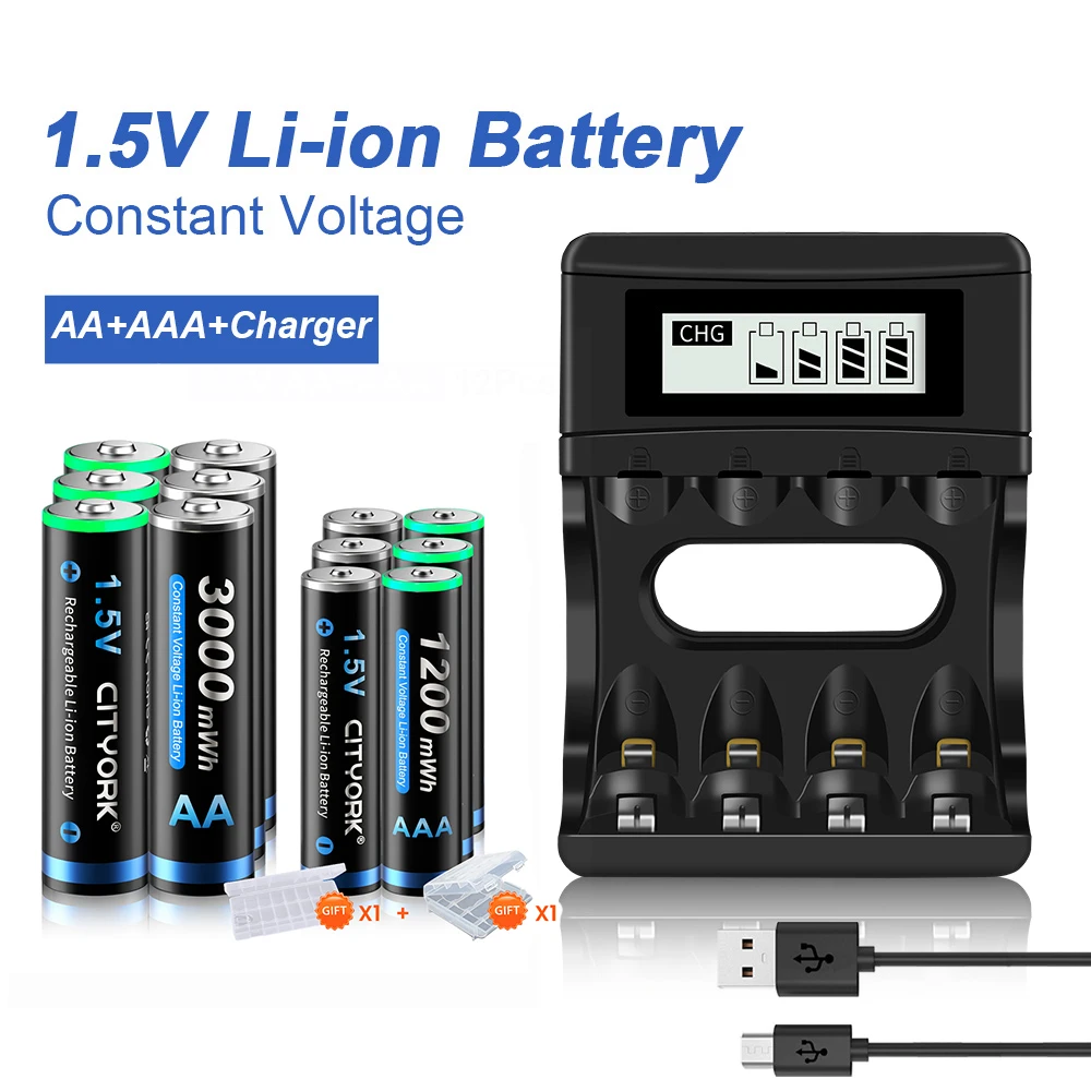 CITYORK Pilas recargables de iones de litio AAA, 1,5 V AAA recargables,  1200 mWh con carga USB (4 unidades) : : Electrónica