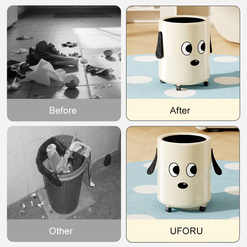 유포루 귀여운 강아지 쓰레기통 바퀴 포함, 대용량 내부 버킷 포함, 360도 회전 °     롤링형 쓰레기통