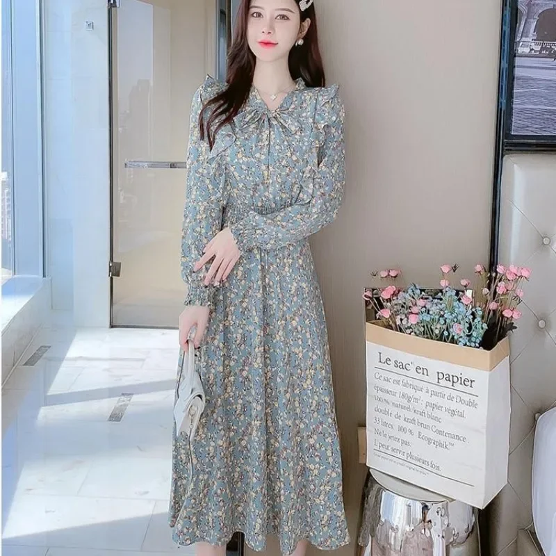 Chiffon Korean Style Female Dress Bow Women's Long Sleeve Dresses Clothing  Elastic Aesthetic New Features of 2025 Fashion Cotton - AliExpress 200000345