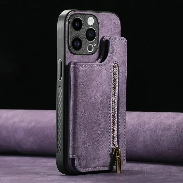 Zippered Leather Wallet Case with Card Holder and Back Cover