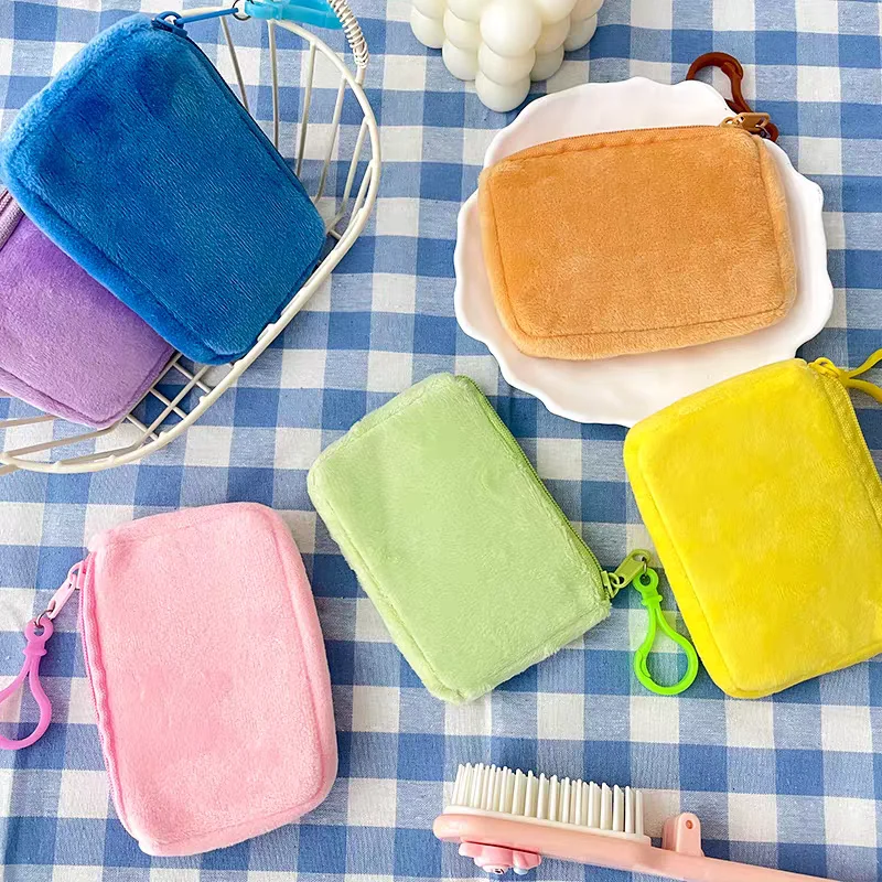 Korean Mini Fashion Plush Square Zipper Coin Purse Card Package Coin Bag Cute Purse Key Earphone Pouch Women Thin Small Handbag