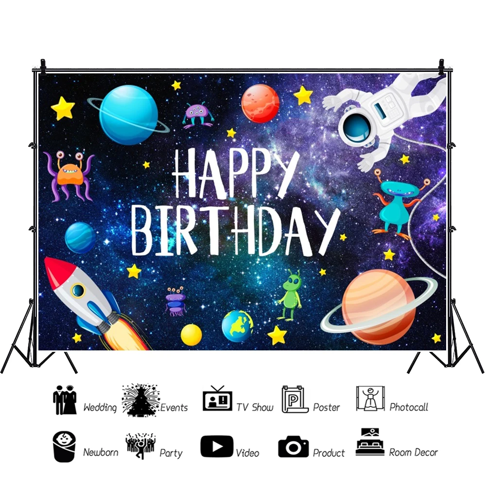 Photo Backdrop Outer Space Happy Birthday Backdrop Universe Planet Galaxy Spacecraft Astronaut Blast Off Rocket Baby Shower Photo Background