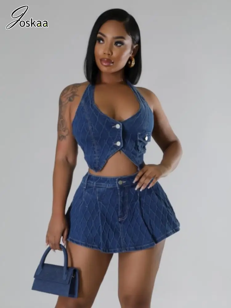 Joskaa Stretch Denim Two Piece Set Women Hipster Halter