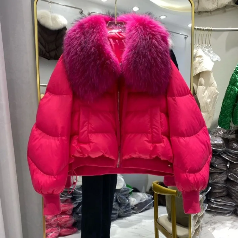 2023 New Winter Puffer Jacket Women Thick Warm Short Parkas Real Natural Raccoon Fur Female Loose 90% White Duck Down Coat