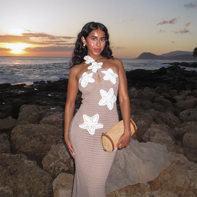 Sexy Knitted Flower Long Dress Women Hollow Halter Sleeveless Maxi Dresses Female Summer Fashion Vacation beach Vestidos