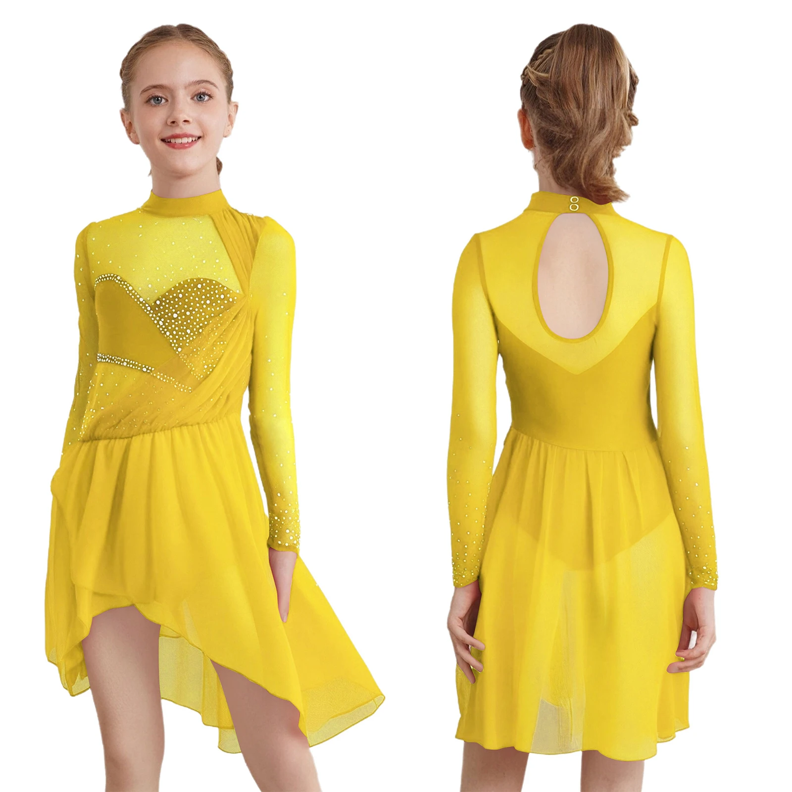 Kinder Mädchen Langarm Strass Sheer Mesh Eiskunstlauf Trikot Kleid Moderne Lyrical Dance Gymnastik Ballett Kostüm – Detail 7
