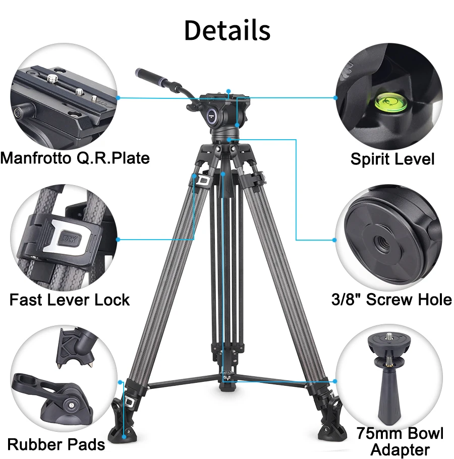 VF80C Professional Carbon Fiber Video Tripod 186cm & Hydraulic Fluid Video Head