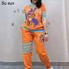 Cartoon Rabbit Sequins Knitted Long Pant Sets Tracksuit Women 2 Piece Set Casual O Neck Short Sleeve T Shirt Matching Sets 2024 1