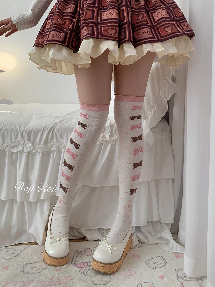 Calzini Lolita con fiocco a pois per donna calzini al ginocchio autunno e inverno calzini a tubo in cotone spesso Lolita stile giapponese - immagine 2